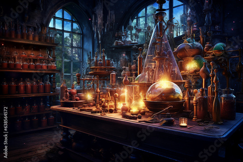 Generative ai collage image picture of alchemist lab with potion cauldron for making magical dark spell