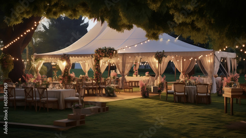 Namiot weselny w ogrodzie nocą - ślub w plenerze pod namiotami. Stoliki nakryte i udekorowane kwiatami czekają na gości