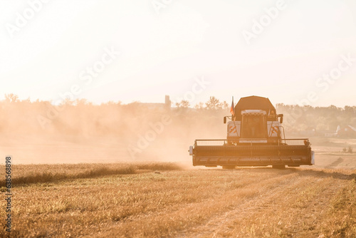 Agricultural machinery. Agricultural industry. The combine harvester removes ears of ripe wheat against the background of a ripening field. The concept of planting and harvesting a rich harvest. 