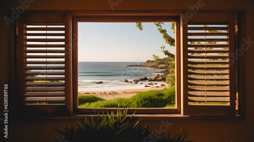 La vue d'une chambre sur la plage. Autour de la fenêtre, il y a des volets en bois.