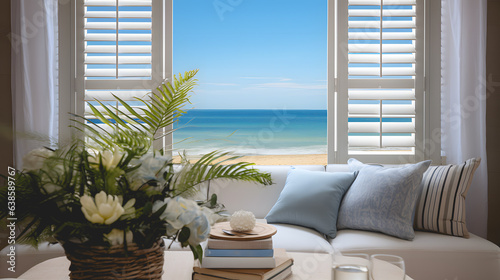 L'intérieur d'un appartement avec une vue sur la mer et la plage. Dans la pièce, il y a un canapé avec des coussins et un vase avec des fleurs.