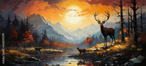 Splashes of bright paint on the canvas. mountain forest Landscape with golden sun and golden deer.generative ai