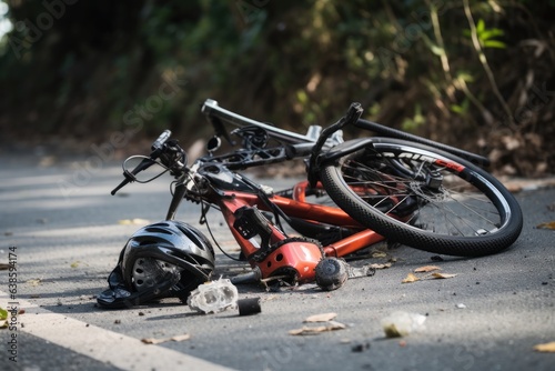 Broken bicycle on the road. Accident in the road. Bicycle crash road accident with broken bike and helmet, AI Generated