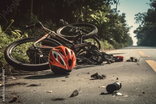 Bike accident on the road with broken bicycle and bottle of water, Bicycle crash road accident with broken bike and helmet, AI Generated