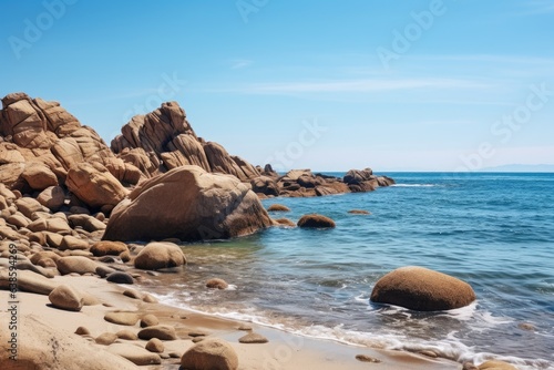 Beautiful seascape with rocks on the beach and blue sky, Big rocks on the ocean landscape beach view with blue sky, AI Generated