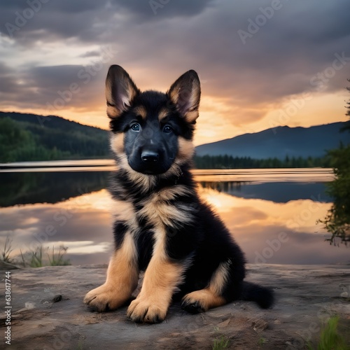 Perrito pastor alemán sentado junto a un lago con montañas y una puesta de sol de fondo 