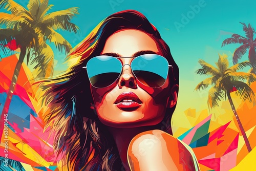 Girl with sunglasses, palm trees on background.