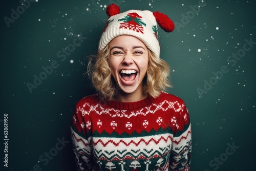 Smiling woman in ugly Christmas sweater.