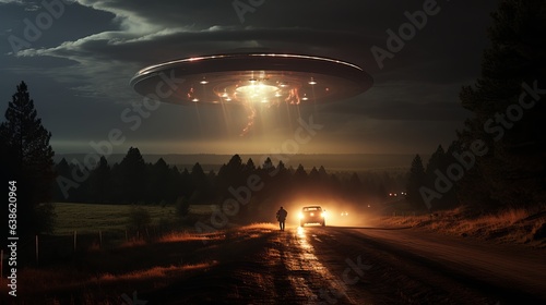 An unidentified flying object hovered in the sky. Space flying saucer with lights. An alien UFO visits the earth. Aliens from another planet. Generative AI 