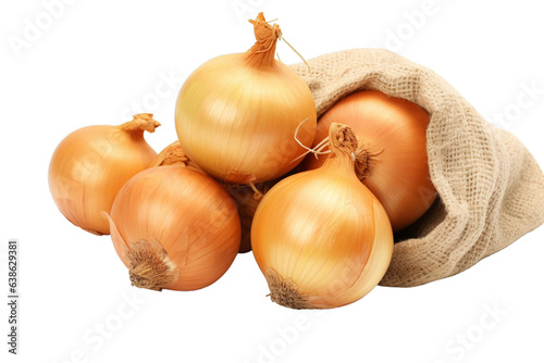 Raw fresh onions in burlap bag isolated on transparent background PNG