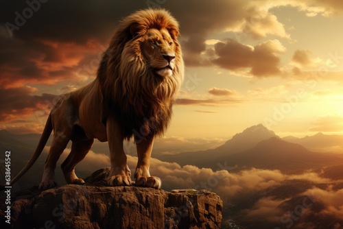 King lion on a throne in a crown, isolated background, majestic lion