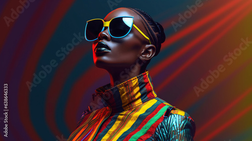 Fashion retro futuristic girl wearing sunglasses. Futuristic pop art fashion woman with geometric pattern background
