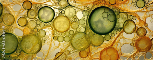 This closeup view of phloem cells shows the intricate details of its composition. The cells range in colors of brown yellow and green and can be seen displaying