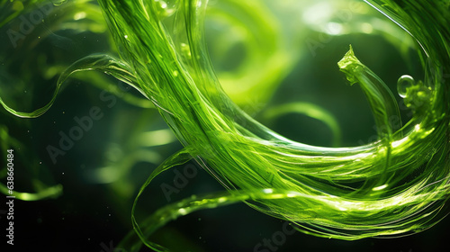 A macro photo of algae reveals s of bright green filaments which appear to be starting to decompose. Some of the fronds appear to be curved or bent while some have