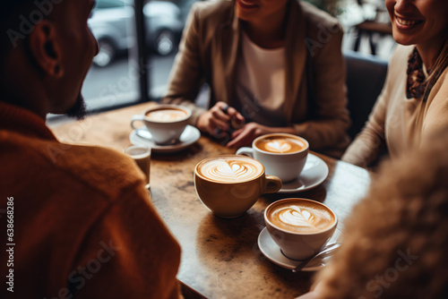 A group of friends enjoying coffee together. International coffee day concept. 