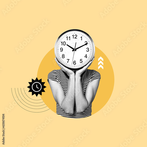 little time, time goes fast, teenager with time, worried about time, young man with clock, managing time, need time, clock head, concept, collage art, photo collage 