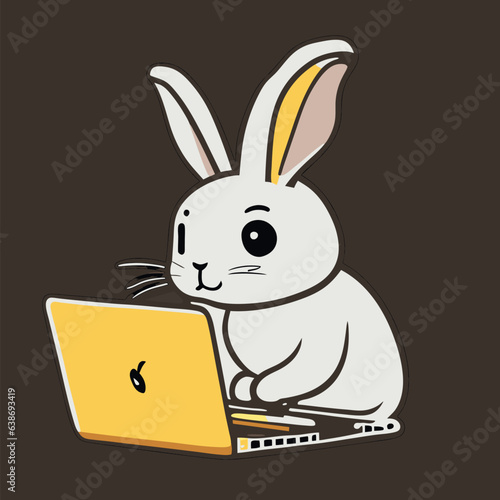 rabbit is using a laptop with a tired expression, keith haring doodle style, minimalist design, fl, vector illustration cartoon