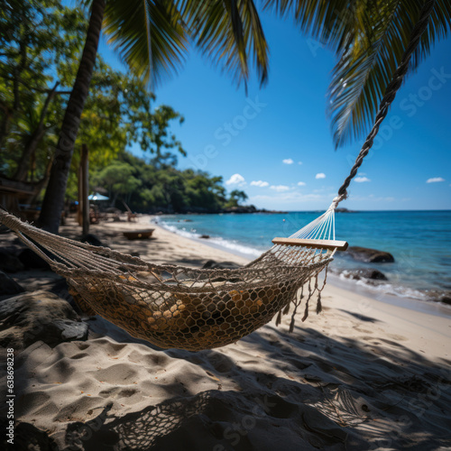 A tropical beach with sand palm trees and a hammock 