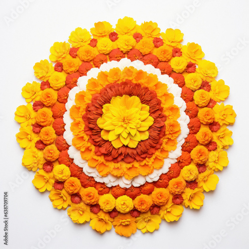 Flower Rangoli for Diwali festival made using Marigold or Zendu flowers