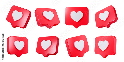 Set of Heart in speech bubble icon on empty background background. Love like heart social media notification icon. Emoji, chat and Social Network, 3d illustration