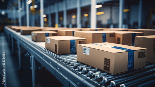 Closeup of multiple cardboard box packages seamlessly moving along a conveyor belt in a warehouse fulfillment center, a snapshot of e-commerce, delivery, automation, and products. Generative ai