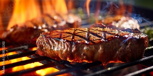 Beef Rib eye steak grilling on a flaming grill. 