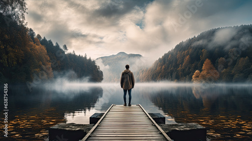 a man stands on a jetty at a lake and looks out to sea.