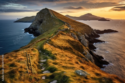 Stunning sunset landscape image of Dingle Peninsula, County Kerry, Ireland, valentia island in the ring of kerry in the south west coast of ireland during an autumn sunset, AI Generated