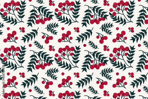 seamless pattern with rowan berries. Vector pattern with berries on a branch, autumn, spring pattern