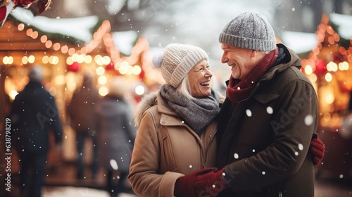 Happy two elderly people woman, man walking against the backdrop of christmas fair lights holding hands on the street, wearing coats. Design ai