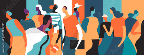 Group of people in society discussing among themselves. Flat and stylized graphics with bright colors.