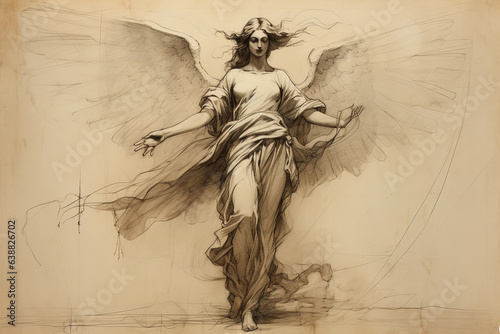 Culture and religious concept. Paper pencil or charcoal sketch of an angel on yellow aged and grunge paper. Beautiful woman portrait with wings. Generative AI