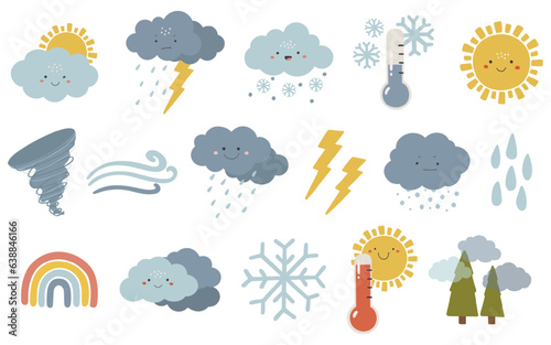 Weather illustration set, kids vector, sun, cloudy illustration, weather vector, seasonal weather elements vector