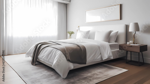 A minimalist bedroom that champions solitude and rest. A platform bed, with its understated design, is dressed in organic cotton linens in shades of gray and white.