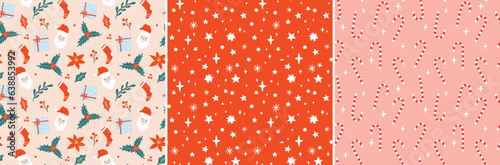 Christmas pattern set with stars and sparkles, winters flowers, holly leaves and Santa. Background for fabric, gift wrap, wallpaper etc. 