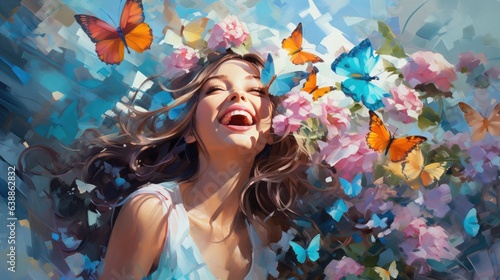 Child with fantasy flowers field garden and colorful butterflies background. Generative AI