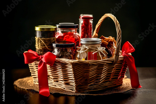 Panier cadeau rempli de bocaux de produits du terroir et produits gastronomiques avec ruban rouge