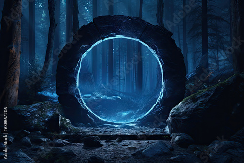 Abstract portal stone gate with neon circle glowing light in the dark wood forest space landscape of cosmic, rocky mountain stone field, spectrum light effect, with Generative Ai.