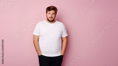 Portrait of happy bearded man wearing white T-shirt over pink background looking at camera with charming cute smile. Plus size male model.
