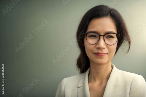 Illustration. Middle-aged Asian woman wearing glasses smiling slightly. Against the background. Studio. generative AI.