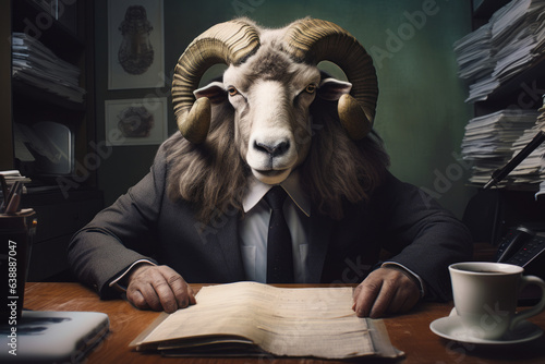 Man in goat mask reading book at table.