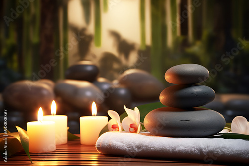 Spa Concept - Massage Stones With Towels And Candles In Natural Background. AI generated.
