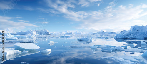Ice sheets melting in the arctic ocean or waters. Global warming, climate change, greenhouse gas, ecology concept.