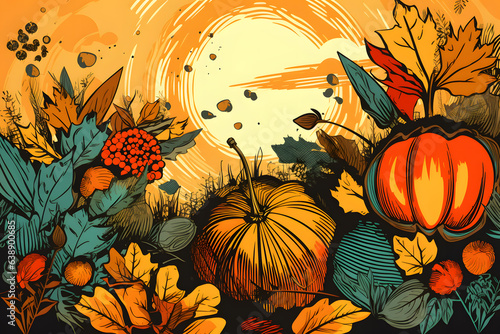 Retro post-card in pop-art style featuring a autumn vegetal elements in warm colors. Generative AI