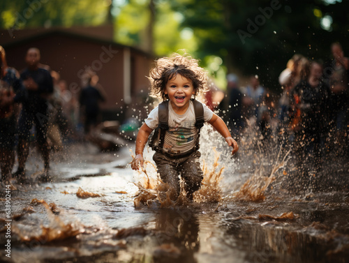 Super excited young child jumping in a puddle of mud outdoors, Generative Ai illustration