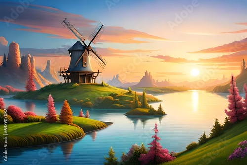 dutch windmill at sunset Generated Ai