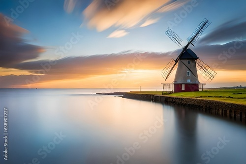 windmill at sunset Generated Ai