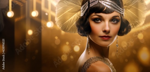 Woman in 1920s Flapper Dress on an Art Deco Gold Background with Space for Copy.