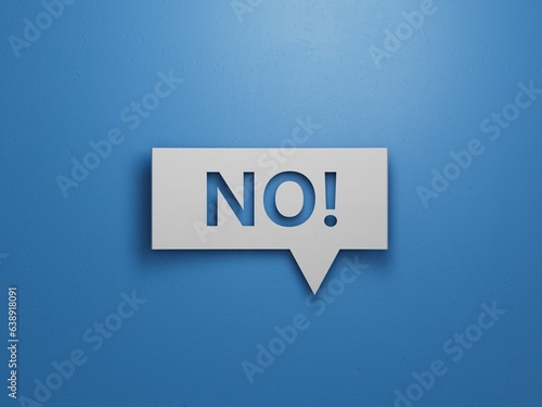 No - Speech Bubble. Minimalist Abstract Design With White Cut Out Paper on Blue Background. 3D Render. 