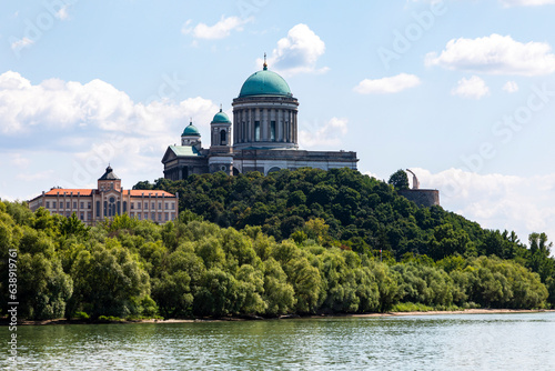 View of the Esztergom Basilica at the Castle Hill from the opposite bank of Danube, Hungary. The Latin motto on the temple frieze reads: Seek those things which are above. It's a World Heritage Site.